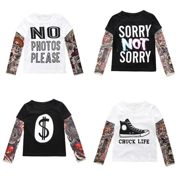 Confortável novidade tatuagem manga longa crianças camisetas de algodão menino camiseta outono crianças meninas topos em torno do pescoço camiseta 240318