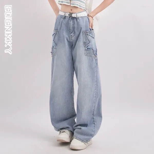 Женские джинсы в стиле ретро, женские прямые широкие повседневные брюки с накладными карманами со звездами Harajuku Y2k, синие брюки с высокой талией