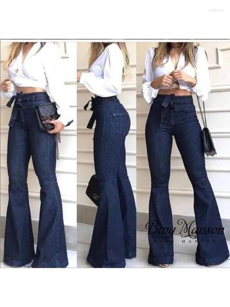 Damen-Jeans, modisch, lässig, Straße, hohe Taille, Hüfte, Spitze, Schlaghose, breiter Beingurt, langes Kleid