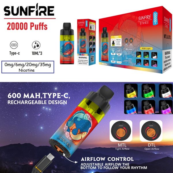 Custom Sunfire Direct to Lung (DTL) vs MTL Strong Throat Irritation Pod Systems Kits 20000 20k Puffs 20000Puffs Shisha Hookah Sbsiormato Spedizione VAPE SALA FAST