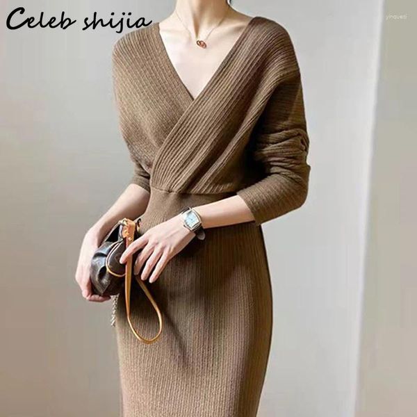 Abiti casual Caffè Croce scollo a V Abito di lana Donna Autunno 2024 Inverno Elegante Chic lavorato a maglia Vestido Ladies Business Office Maglieria Beige