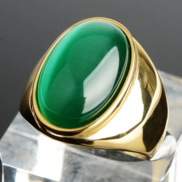 Anello da uomo in pietra verde occhio di gatto placcato oro reale Anello da uomo in acciaio inossidabile con opali semplici alla moda Anelli di fidanzamento per donna Uomo ovale 240322