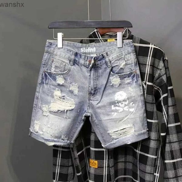 Männer Jeans Neue 2022 Sommer Riss Loch Bettler Shorts Herren Personalisierte Skeleton Schädel Gedruckt Koreanische Slim Fit Denim ShortsL2404