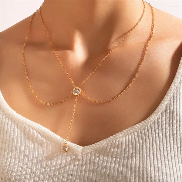 Anhänger Halsketten Mode Vintage MultiLevel Gold Überzogene Kette Runde Kristall Halskette Für Frauen Weibliche Einfache Nette Wilde Choker Schmuck GIF