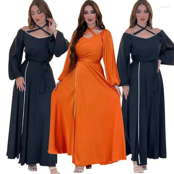 Abbigliamento etnico Satin Diamond Eid Party Marocco Abaya Musulmano per le donne alla moda Abiti lunghi con maniche a lanterna Dubai Kaftan Arab Gown Islam