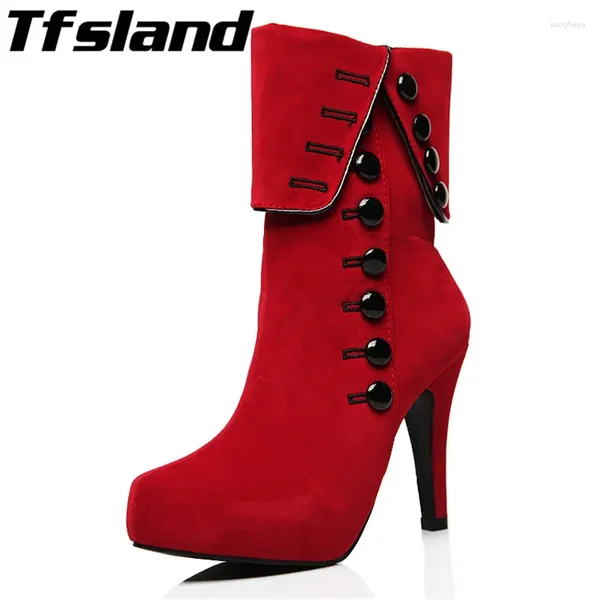 Sapatos de caminhada tfsland botas femininas 2024 botão vermelho pele camurça couro tornozelo salto alto botas femininas tênis