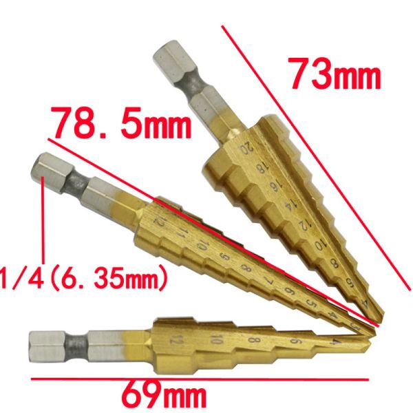 3-12mm 4-12mm 4-20mm Breta de ranhura reta etapa Bit HSS HSS Hex Shank Titanium revestido a lenha Furador de metal Cutter Core Ferramenta de perfuração