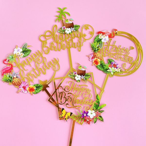 Ins Acryl -Farbdruck Sommergeburtstagstorte Kokosnussbaum Flamingo -Kuchen -Topper für Kindergeburtstagsfeier Kuchendekoration