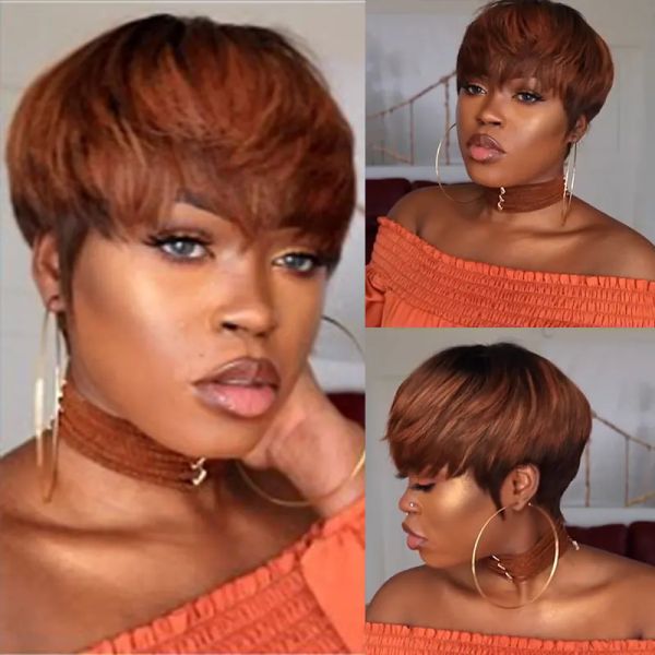 Wigs Wigera Synthetic Short Destaque Straight Bob Natural Lovely Pixie Cut Honey Blonde Black Mixed Black Wig com Bang for Woman