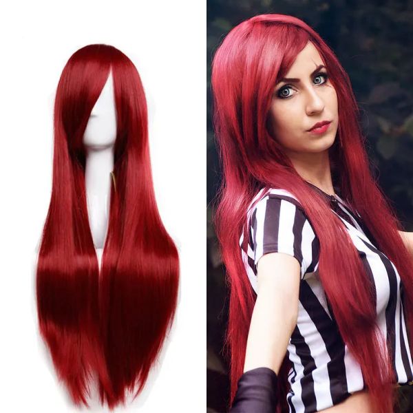 Wigs Hairro 80 cm Lady Long Vinho Longo Vinho Vermelho Partido Vermelho Cosplay Peruca sintética Resistente ao calor perucas com franja rosa preto