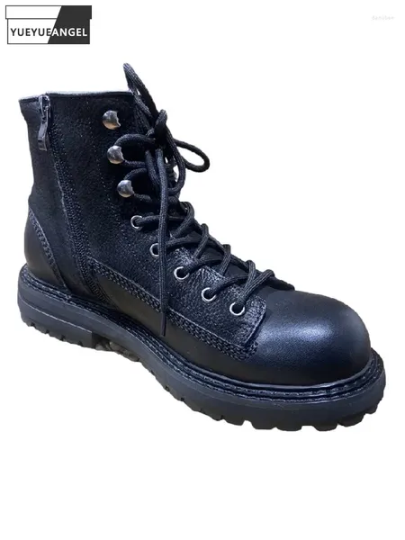 Botas vintage homens estilo punk plataforma grossa rendas até motocicleta equitação couro genine tornozelo alto superior sapatos de segurança de trabalho