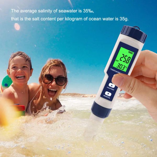 5 em 1 TDS/EC/pH/salinidade/medidor de temperatura Testador de monitor de qualidade de água digital para piscinas, água potável, aquários