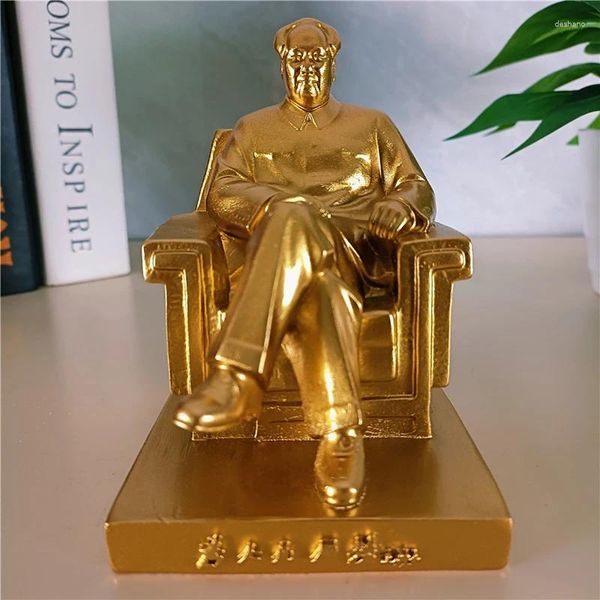 Statuette decorative Statua dorata del grande leader cinese Presidente Presidente Scultura Bronzo antico Decorazioni per la casa Scrivania artigianale