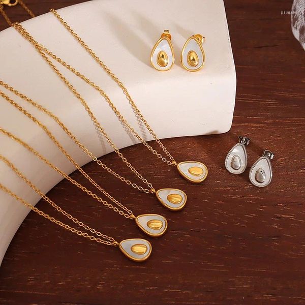 Halskette Ohrringe Set wasserdichte Mode süße Obst Avocado weiße Muschel Charme 18k Gold plattiert Edelstahl Anhänger Ohrringschmuck