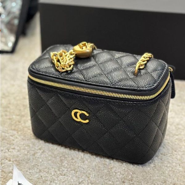 Mulheres saco cosmético moda caviar padrão de couro material designer luxo bolsa vintage ouro coração ajustável embreagem corrente ouro único sh