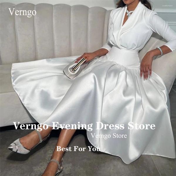 Vestidos de festa verngo vintage branco cetim de seda árabe feminino formal noite 3/4 mangas compridas v pescoço comprimento vestido de baile vestuário