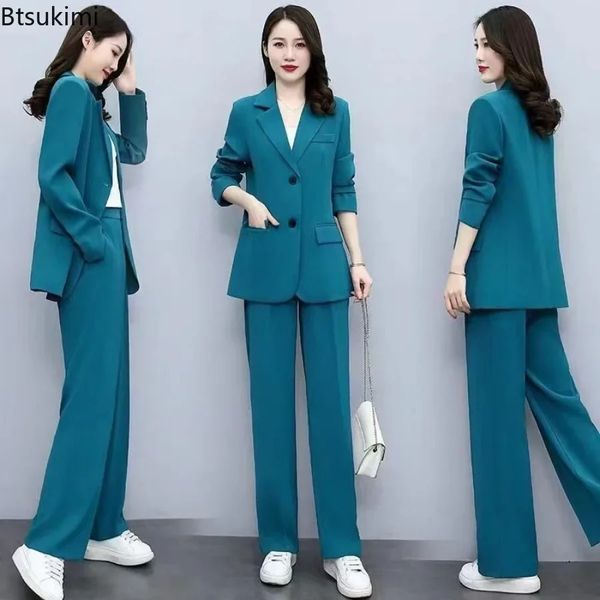 Kadın Resmi Ofis Pantolon Setleri 2 PCS Katı Tek Göğüslü Cep Blazer Ceket ve Elegant Ladies Suit 240319