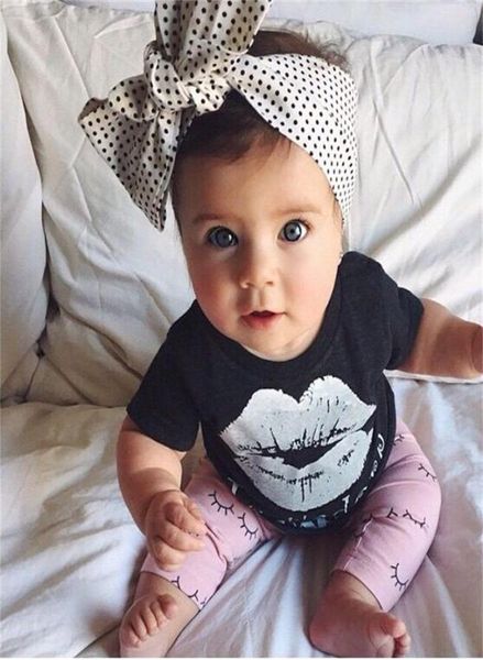 Baby Mädchen schwarz weiß Lippe Oberteile Augen lange Hosen 2-teiliger Anzug Kinder Sommer-Outfit schönes rosa Stil Kleidungsset5198275