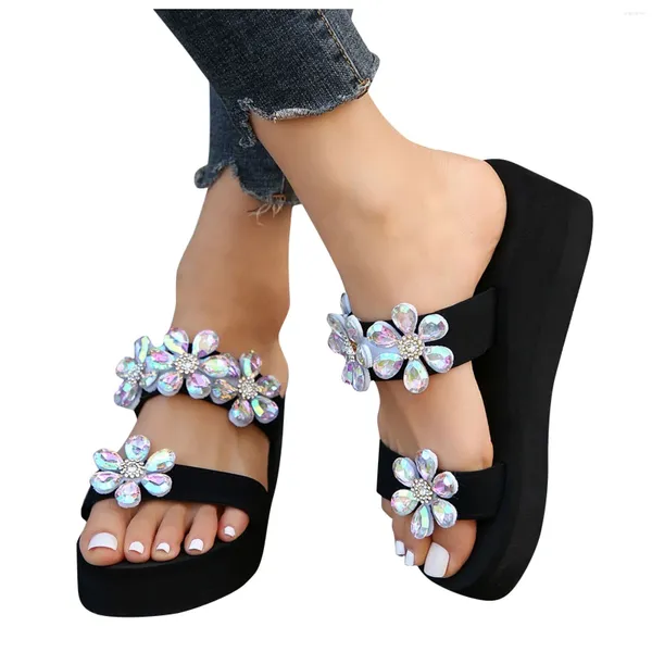 Chinelos femininos verão moda clipe toe inclinação salto flor decoração casual confortável sapatos de praia para mulher