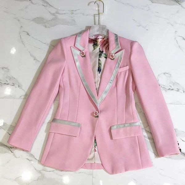 Ternos femininos 2024 primavera rosa flor botão elegante blazer rosa em jaquetas senhoras lapela de alta qualidade