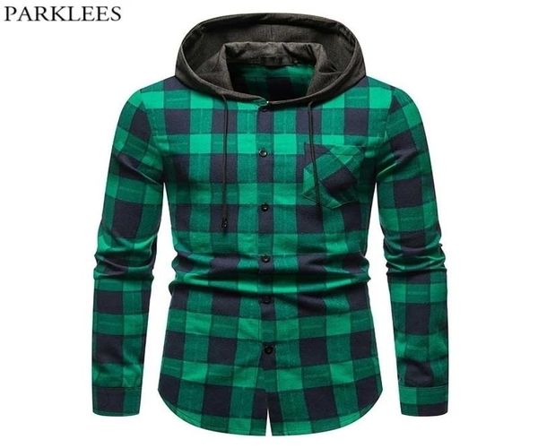 Verde xadrez verificação camisa com capuz homens moda manga longa mens camisas casuais retalhos hoodies camisas jaquetas chemise 2105225348972