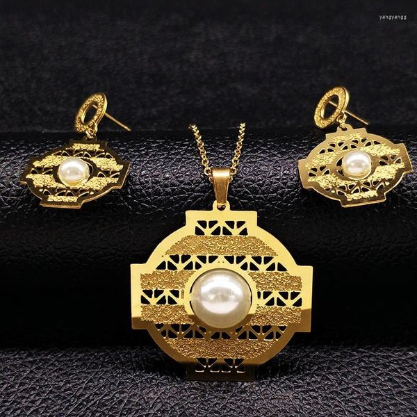 Colar brincos conjunto geometria cor ouro jóias de aço inoxidável feminino imitação pérola dubai joias s178232s07