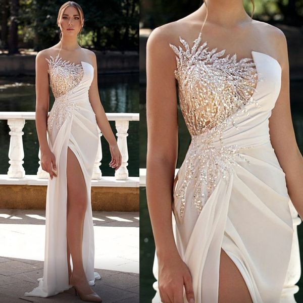 Abito da sposa classico da donna senza spalline abiti da sposa senza maniche con paillettes abito da treno con spacco laterale realizzato su misura