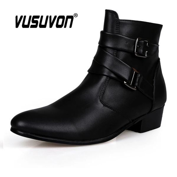 Botas vusuvon moda masculino primavera outono de ponta pontual altura aumenta o chelsea boots de tornozelo ocidental alto sapato casual pu PU couro