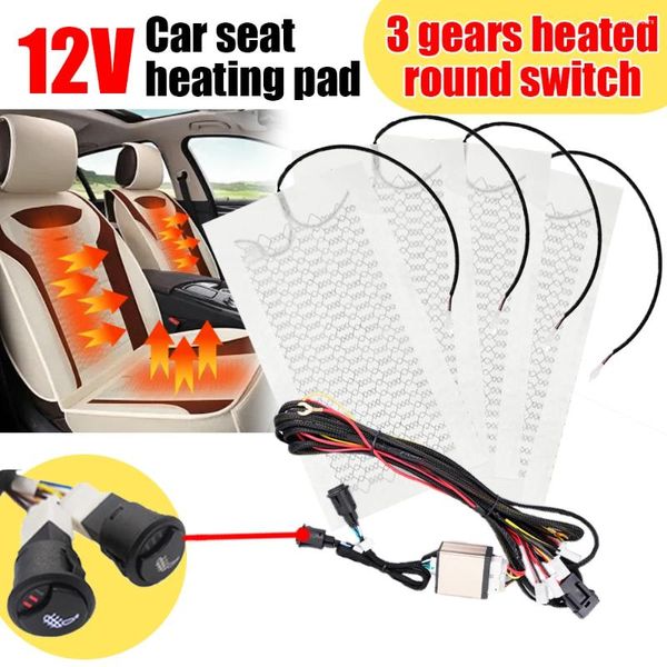 Araba koltuğu kapaklar 4pcs 12V karbon fiber otomatik ısıtıcı ısı pedleri 3 seviyeli ısıtmalı çift yuvarlak anahtar kiti kablo demeti