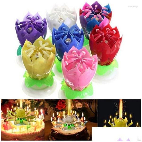 Altre forniture per feste festive Fiore Musica Canto Doppio strato Rotante Base disco di loto Torta Candela Buon compleanno Decorazione fai da te W Dhs9P