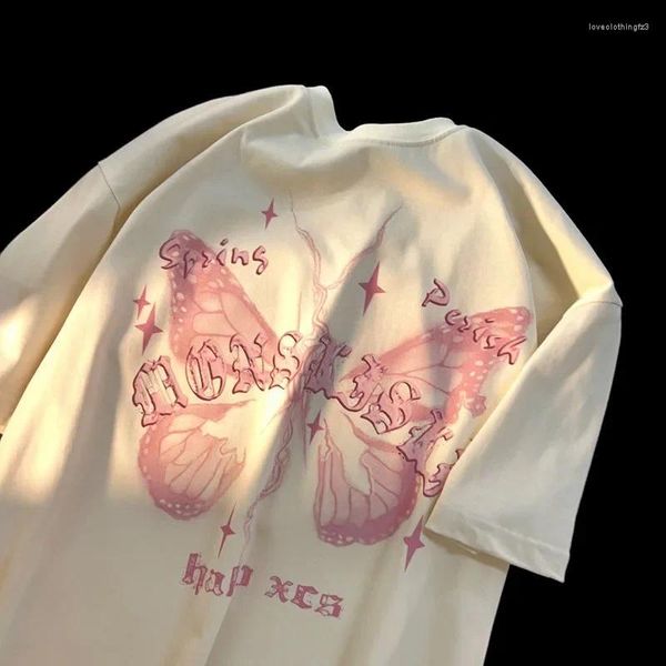 Женские футболки, американская ретро футболка из чистого хлопка с принтом бабочки и короткими рукавами для мужчин и женщин, свободный универсальный полутоп для пар
