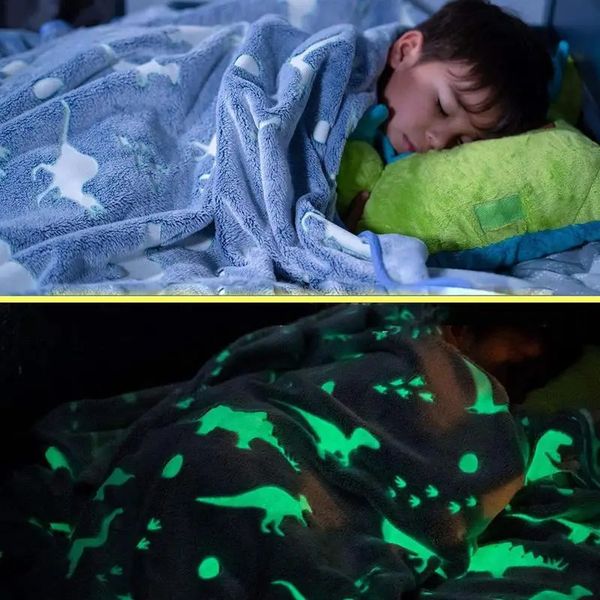 Dinosaur Luminous Blanket Soft Cosy Flannel Throw Doublesided Lartoon Glow for Kids Magic Gift 240325