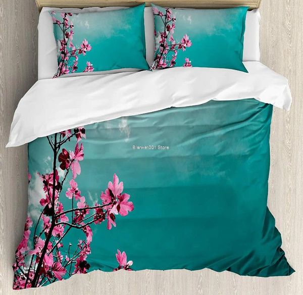 Bettwäsche-Sets, geblümtes Bettbezug-Set, Feigenbaumblüten mit sonnigem Himmel, exotische Sommer-Frühlingspflanzen, malerische Naturansicht, dekorativ, 3-teilig