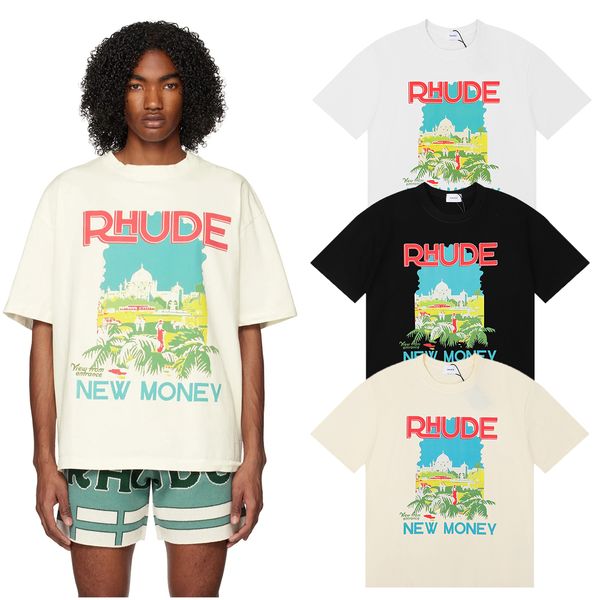 T-shirt designer Rhude tees Castle Coconut Tree Paesaggio Scenerio doppio filato Pure Pure Pure Casualizza a manica corta Maglietta da donna Maglietta da donna