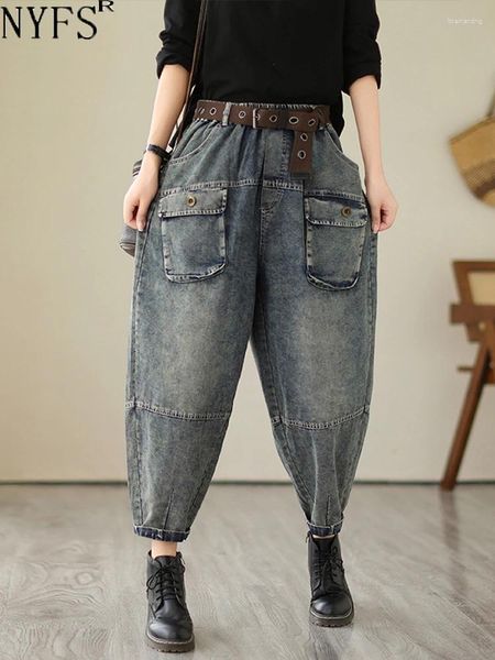 Женские джинсы NYFS 2024, весна-осень, женские свободные брюки-шаровары больших размеров с карманами и эластичной резинкой на талии, джинсовые повседневные брюки с поясом