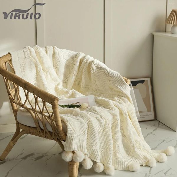 Coperte YIRUIO Kawaii Pompon Cavo Maglia Plaid Coperta Carino Bianco Rosa Grigio Decorativo Divano Divano Tiro Morbido Letto in Ciniglia