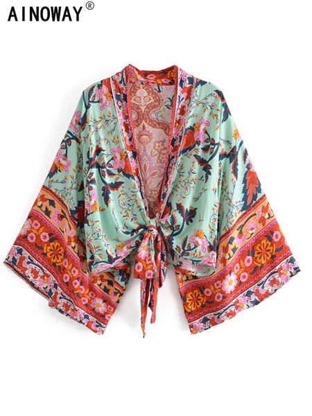 Boho Vintage Blumendruck Strand Sommer Kurzer Kimono Damen Mode Damen Casual V-Ausschnitt Fledermausärmel Böhmische Vertuschungen 240315