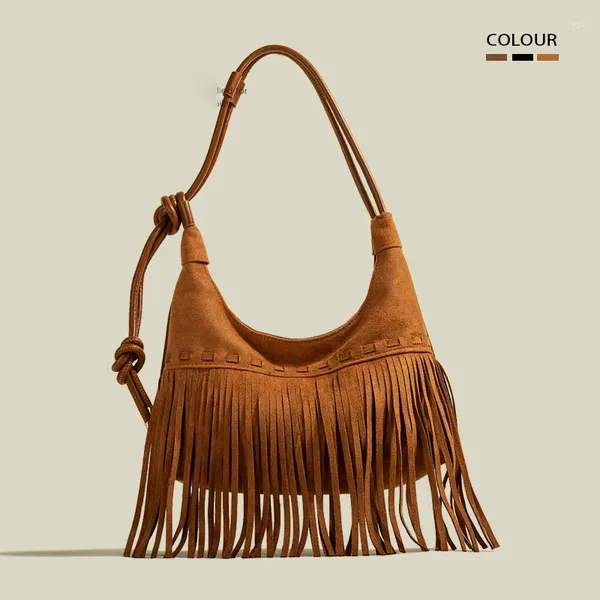 Bolsas de ombro vintage borla camurça para mulheres 2024 tendência designer hobo crossbody nubuck balde de couro senhoras bolsas