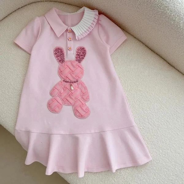 Abito da bambina per bambina, abbigliamento estivo, nuovo abito da principessa rosa con collo alto per bambini, versione coreana, abito casual da coniglio 240402