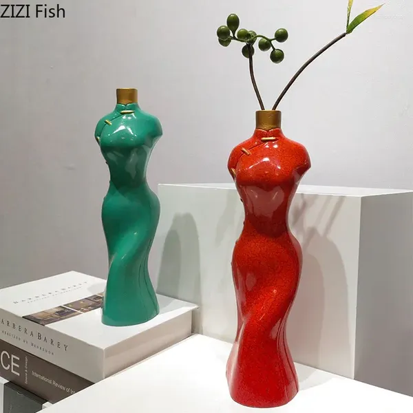 Vasos vaso de resina estilo chinês cheongsam personagem flores artificiais arranjo de flores decorativas decoração vasos florais ornamentos