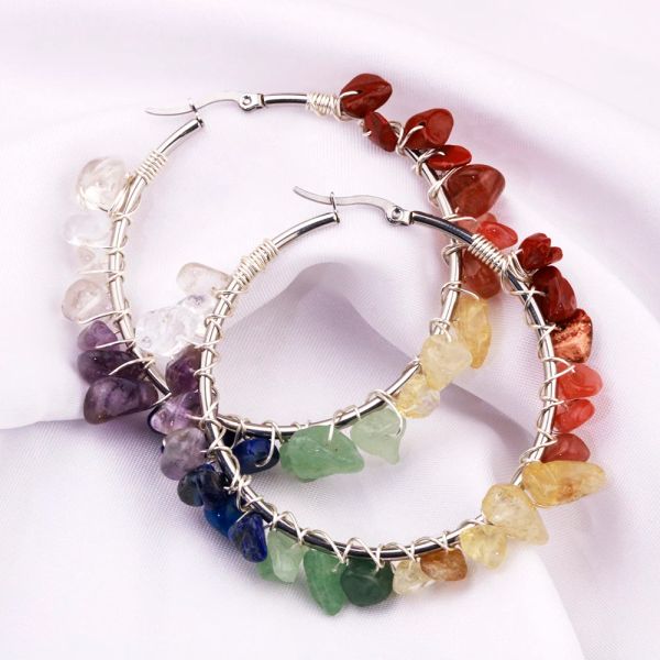 Brincos de pedra natural grandes aros brincos reiki cura escombros ametista lápis-lazúli olho de tigre quartzo chakra cristal orelha argola