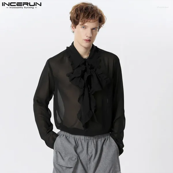 Мужские повседневные рубашки, топы INCERUN в американском стиле с шифоновой лентой, модная мужская блузка с рюшами и длинными рукавами, S-5XL, 2024 г.