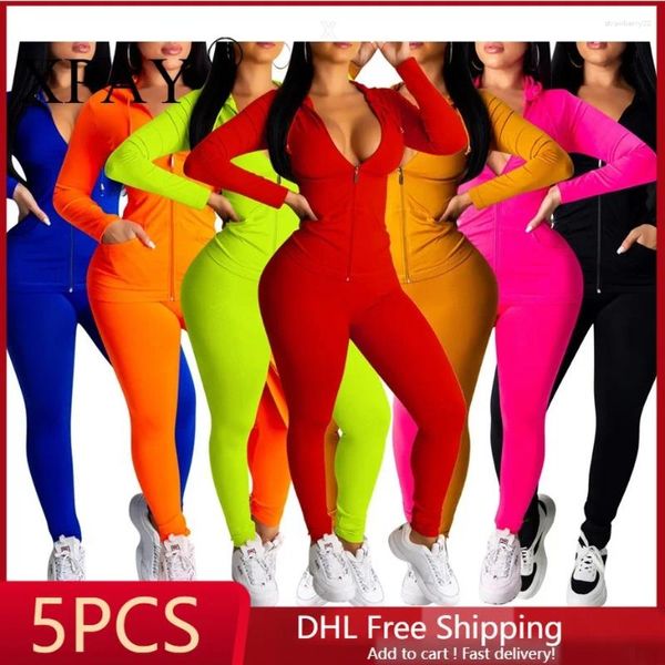 Calças femininas de duas peças 5 pcs atacado itens a granel sexy cor sólida com capuz conjuntos roupas para mulheres moda casual fatos esportivos terno x7703