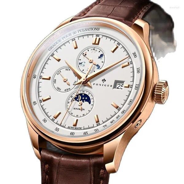 Наручные часы Швейцария PONIGER Япония Автоматические механические мужские часы Многофункциональные сапфировые водонепроницаемые часы с фазой Луны