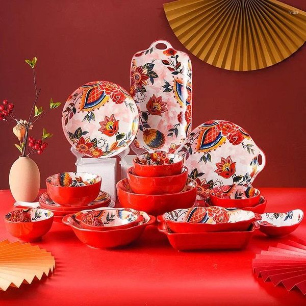 Pratos Vermelho Talheres Criativo Cerâmica Jantar Tigela de Arroz Pratos de Celebração de Casamento Doméstico e Ano Chinês