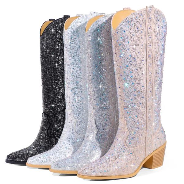 Stiefel Cowgirl Frauen Western Stiefel 2023 Neue Strassstiefel Fashion Bling Women Knie High Stiefel Cowboy Comfy Women Boots Schuhe Schuhe