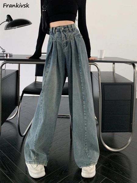 Jeans femininos vintage mulheres S-5XL esfregando calças largas diariamente elegante estilo americano simples lavado drapeado cintura alta confortável ins