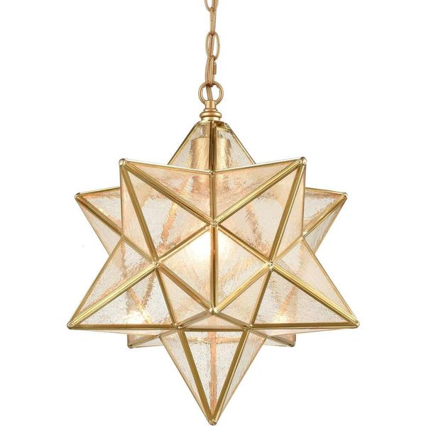 Iluminação pendente estrela Moravian de latão DAYCENT com vidro semeado - luminária suspensa elegante de 13 1/2 polegadas para cozinha e sala de jantar