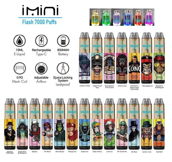 Top 1 IMINI Vapes descartáveis 7000 Pufos e cigarro grande nevoeiro 15ml Preenchimento de 850mAh Vapor de dispositivo recarregável 20mg 30mg 50mg para caneta shisha por atacado de tornados vapes