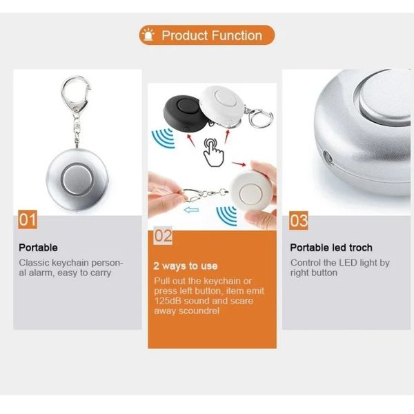 2024 130 dB SafeSound Security Alarm ChainChain com luzes LED Mini Defesa de defesa de autodefesa para mulheres Alarme de segurança para crianças garotas